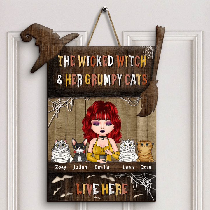 Personalized Door Sign - Gift For Cat Lover - The Wicked Witch And Her Grumpy Cats