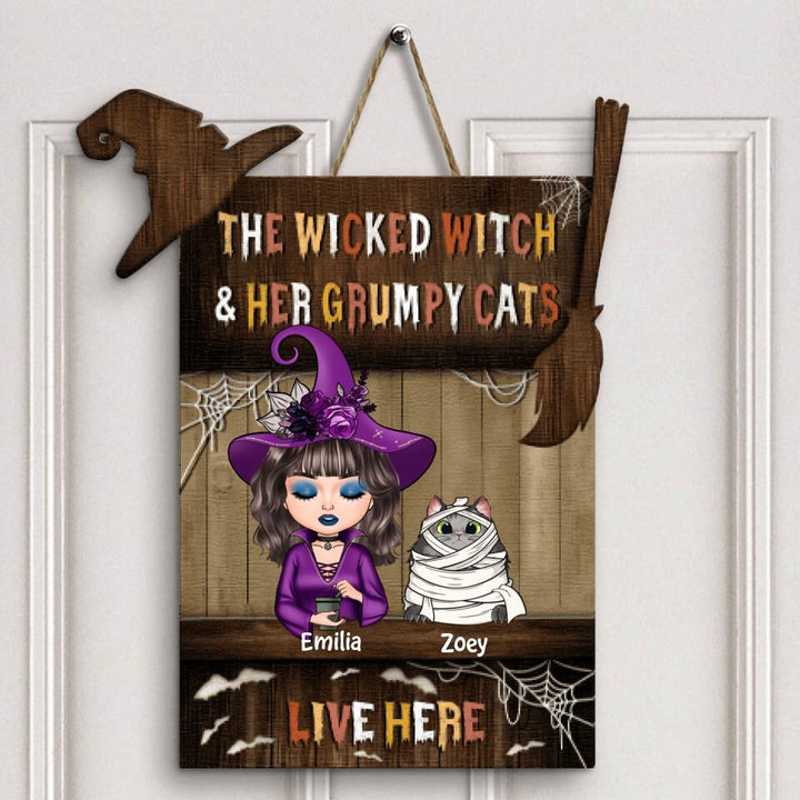 Personalized Door Sign - Gift For Cat Lover - The Wicked Witch And Her Grumpy Cats
