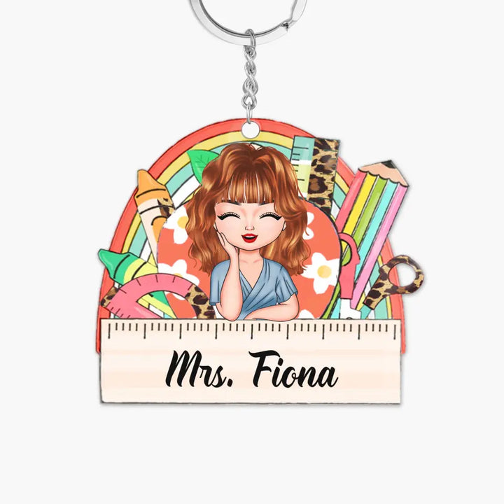 Personalized Keychain - Gift For Teacher - Apple Ruler Rainbow