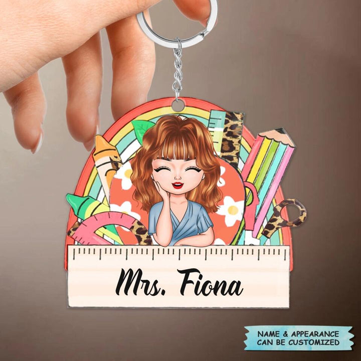 Personalized Keychain - Gift For Teacher - Apple Ruler Rainbow