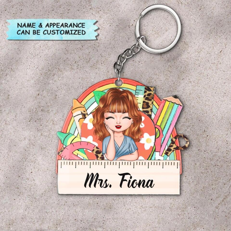 Personalized Keychain - Gift For Teacher - Apple Ruler Rainbow