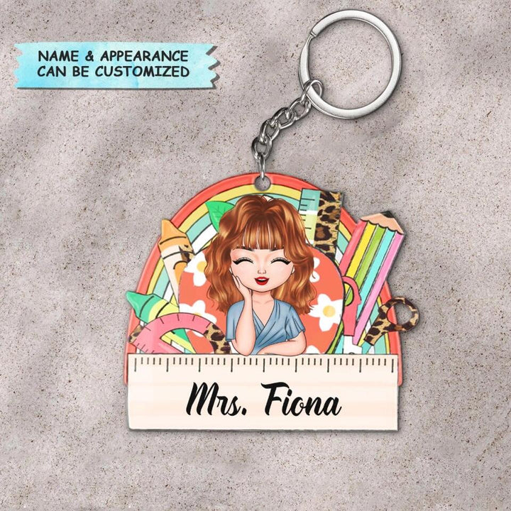 Personalized Keychain - Gift For Teacher - Apple Ruler Rainbow