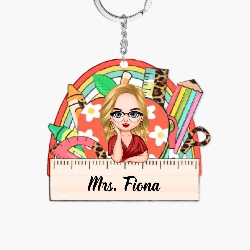 Personalized Keychain - Gift For Teacher - Apple Ruler Rainbow