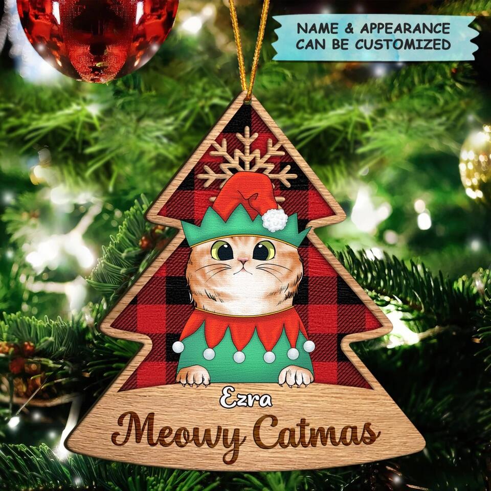 Personalized Wood Ornament - Gift For Cat Lover - Meowy Catmas