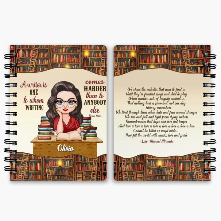 Personalized Spiral Journal - Gift For Reading Lover - A Writer Is One To Whom Writing Comes Harder Than To Anybody Else