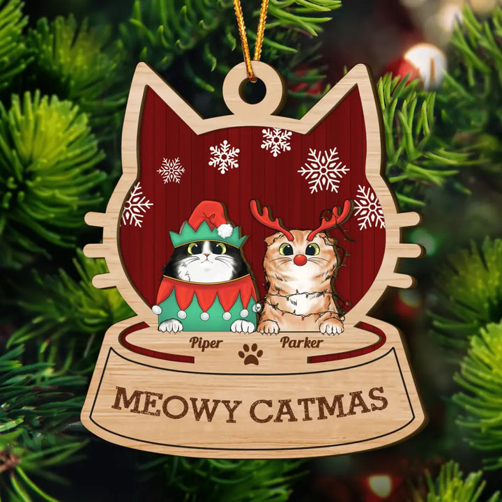 Personalized Layer Wood Ornament - Gift For Cat Lover - Meowy Catmas