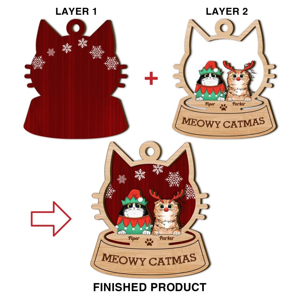 Personalized Layer Wood Ornament - Gift For Cat Lover - Meowy Catmas