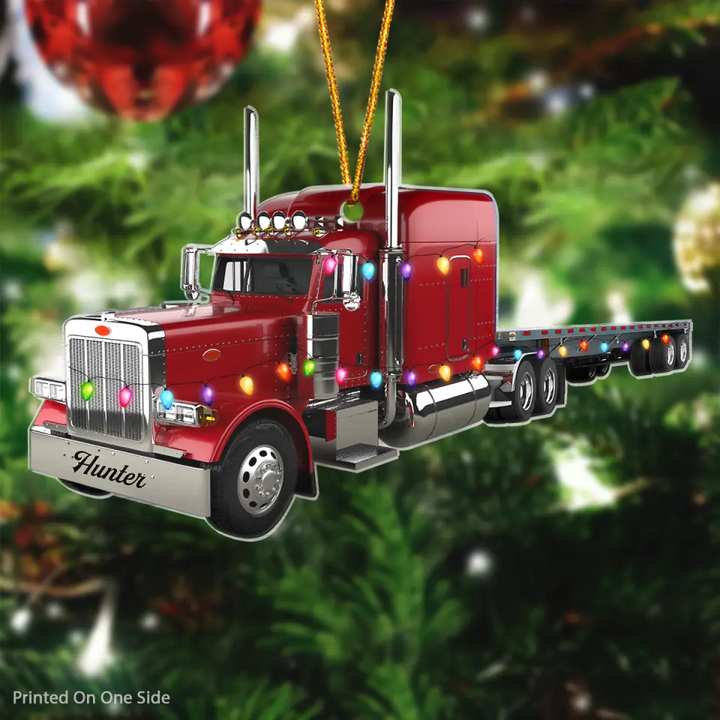 Personalized Mica Ornament - Gift For Trucker - Truck With Flatbed Trailer Christmas ARND037
