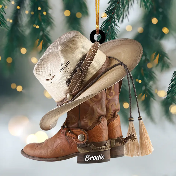 Personalized Mica Ornament - Gift For Cowboy - Cowboy Boots And Hat ARND036