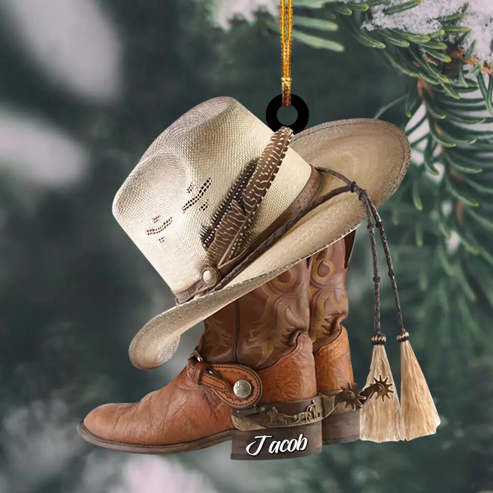 Personalized Mica Ornament - Gift For Cowboy - Cowboy Boots And Hat ARND036