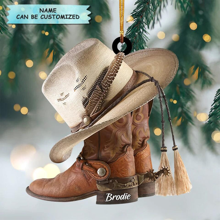Personalized Mica Ornament - Gift For Cowboy - Cowboy Boots And Hat ARND036