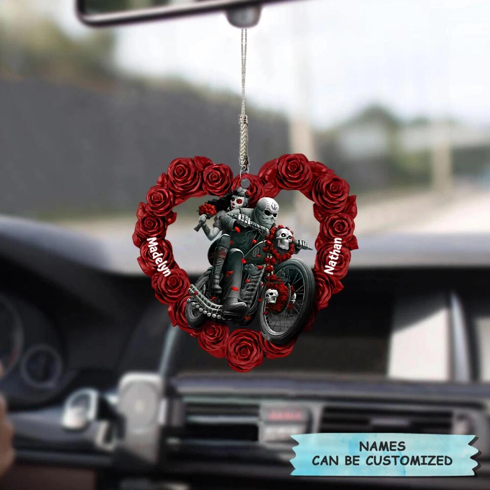 Personalized Car Hanging Ornament - Gift For Couple - Couple Biker Skull ARND036