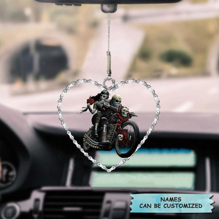 Personalized Car Hanging Ornament - Gift For Couple - Biking Skull Couple ARND018