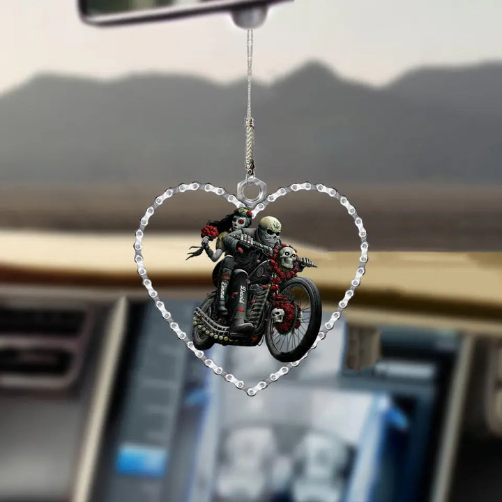 Personalized Car Hanging Ornament - Gift For Couple - Biking Skull Couple ARND018