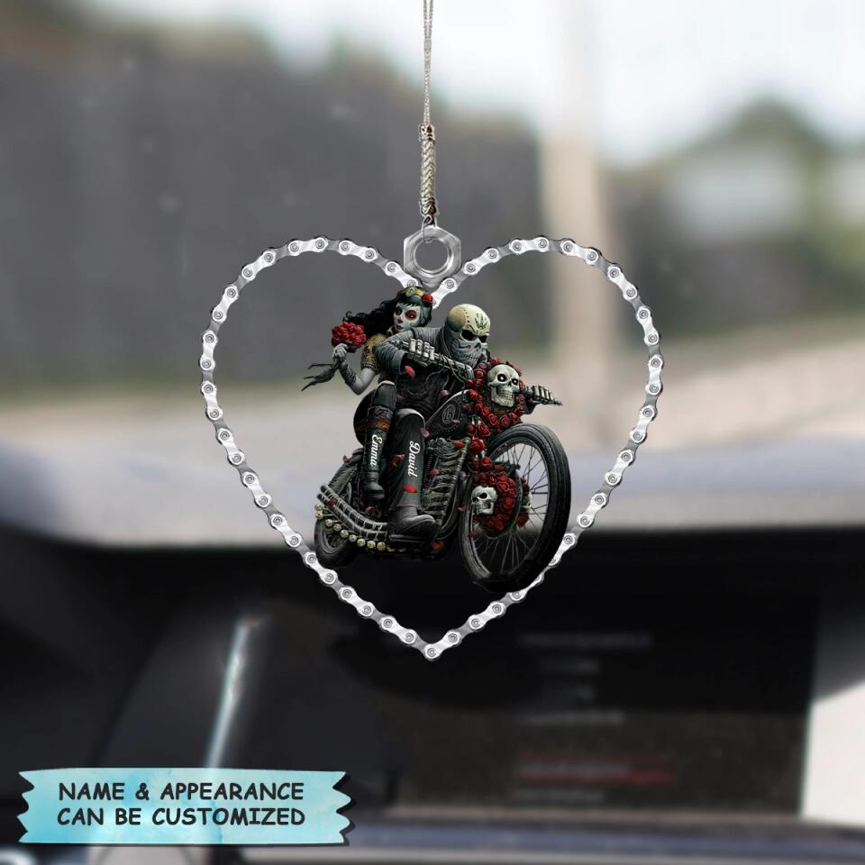 Personalized Car Hanging Ornament - Gift For Couple - Biking Skull Couple ARND018