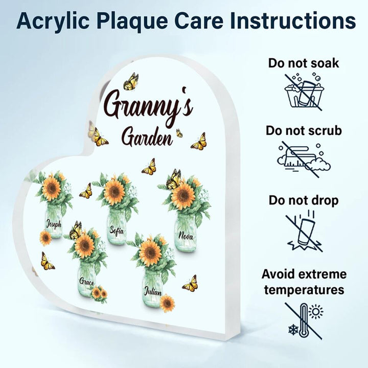 Personalized Heart-shaped Acrylic Plaque - Gift For Grandma - Granny's Garden ARND037
