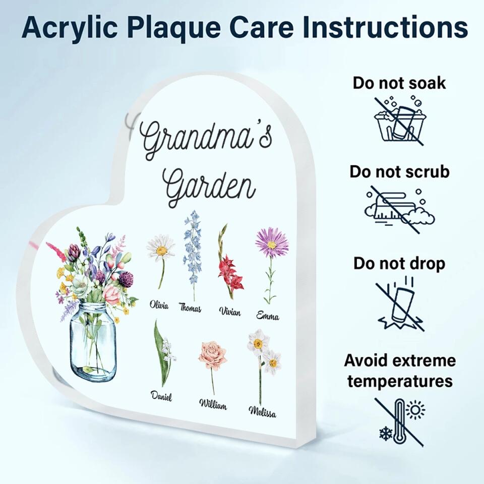 Personalized Heart-shaped Acrylic Plaque - Gift For Mom & Grandma - Grandma's Garden Flower ARND018