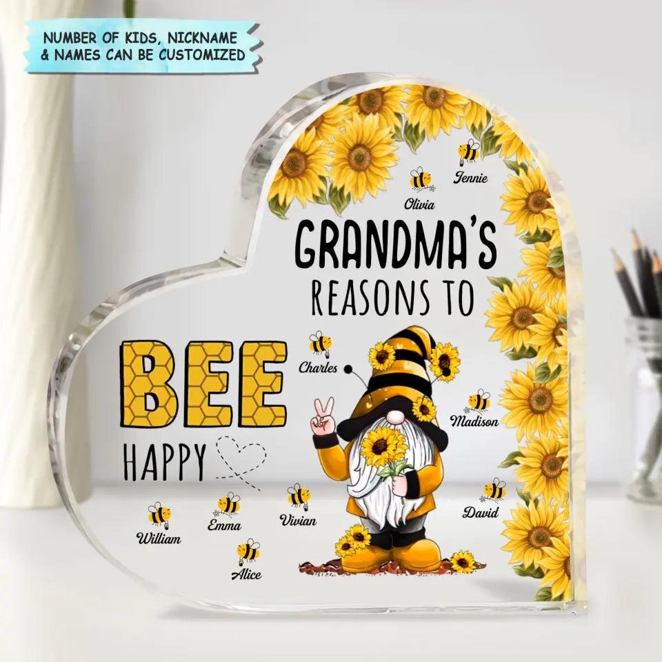 Personalized Heart-shaped Acrylic Plaque - Mother's Day, Birthday Gift For Mom, Grandma - Grandma's Reasons To Bee Happy V2 ARND018