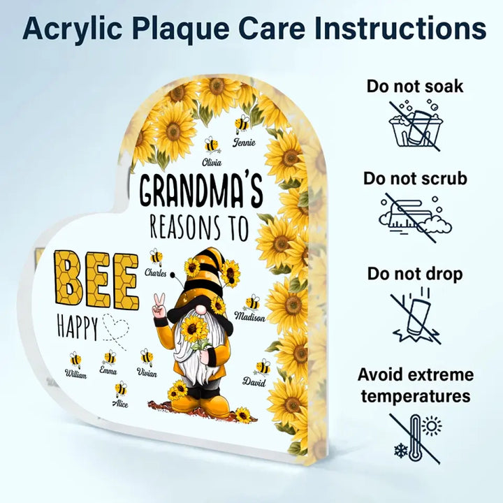 Personalized Heart-shaped Acrylic Plaque - Mother's Day, Birthday Gift For Mom, Grandma - Grandma's Reasons To Bee Happy V2 ARND018