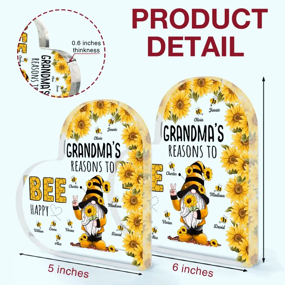 Personalized Heart-shaped Acrylic Plaque - Mother's Day, Birthday Gift For Mom, Grandma - Grandma's Reasons To Bee Happy V2 ARND018