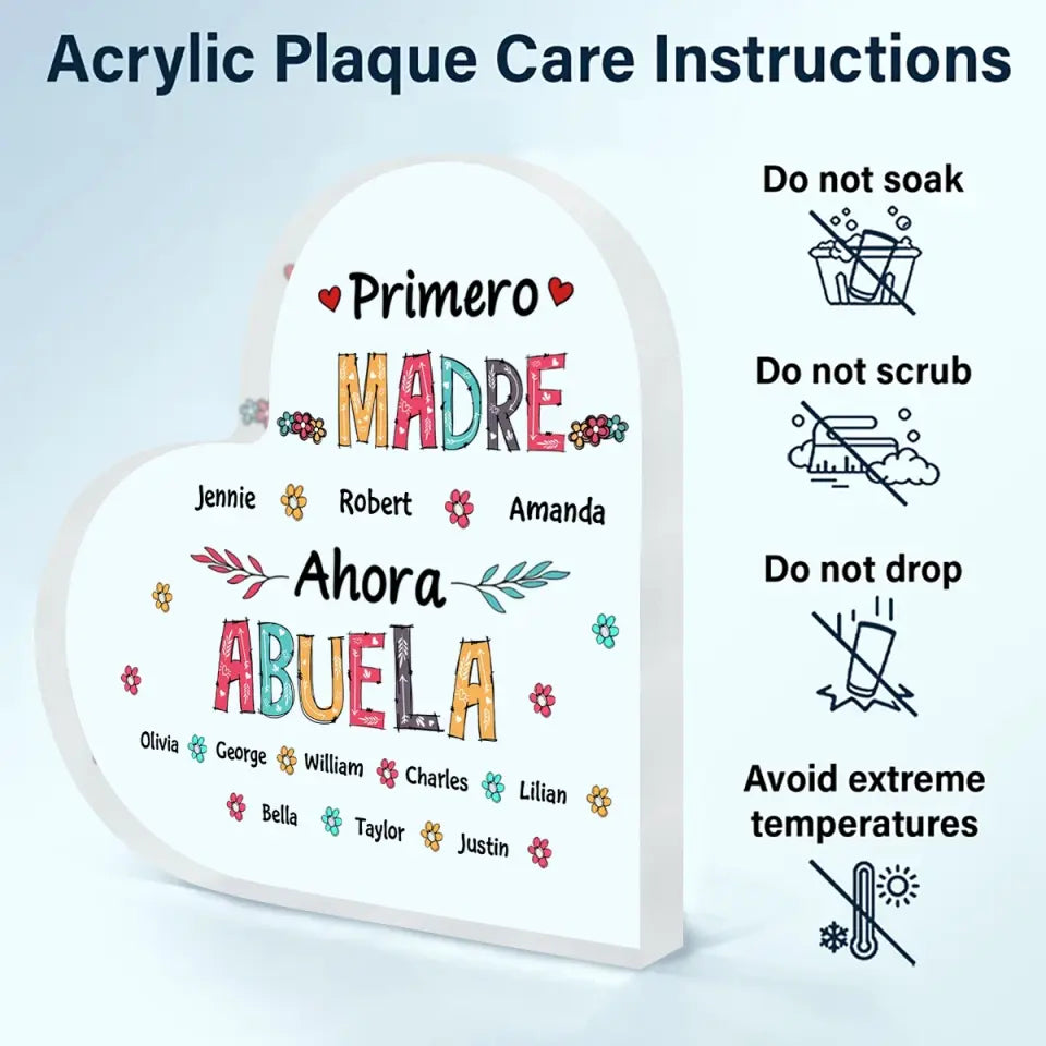 Personalized Heart-shaped Acrylic Plaque - Gift For Mom & Grandma - Primero Madre Ahora Abuela ARND018