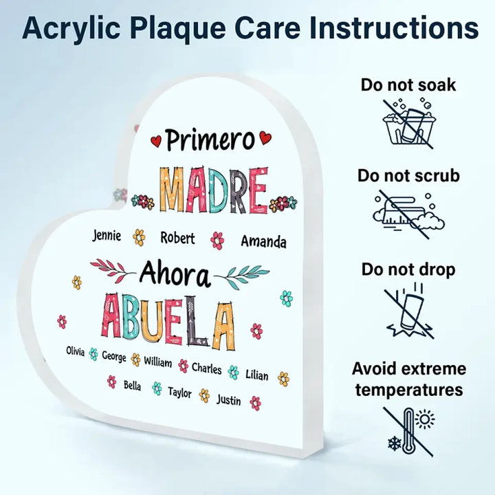 Personalized Heart-shaped Acrylic Plaque - Gift For Mom & Grandma - Primero Madre Ahora Abuela ARND018