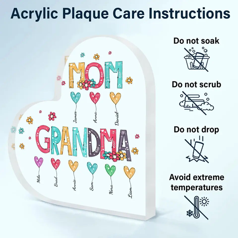 Personalized Heart-shaped Acrylic Plaque - Mother's Day, Birthday Gift For Mom, Grandma - Mom Grandma Heart Balloons ARND0014