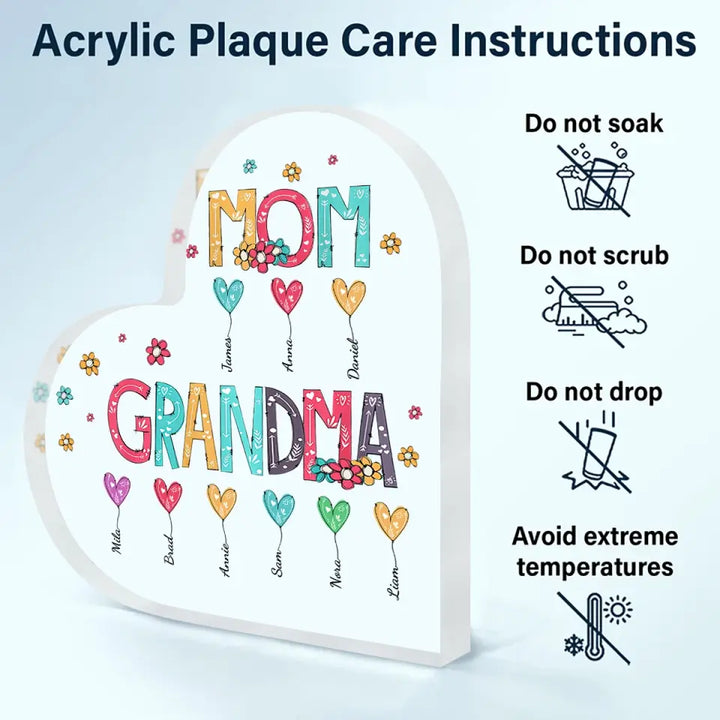 Personalized Heart-shaped Acrylic Plaque - Mother's Day, Birthday Gift For Mom, Grandma - Mom Grandma Heart Balloons ARND0014