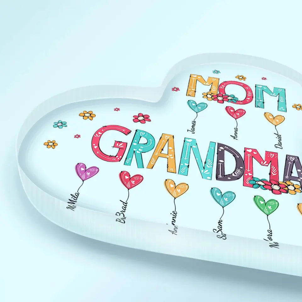 Personalized Heart-shaped Acrylic Plaque - Mother's Day, Birthday Gift For Mom, Grandma - Mom Grandma Heart Balloons ARND0014