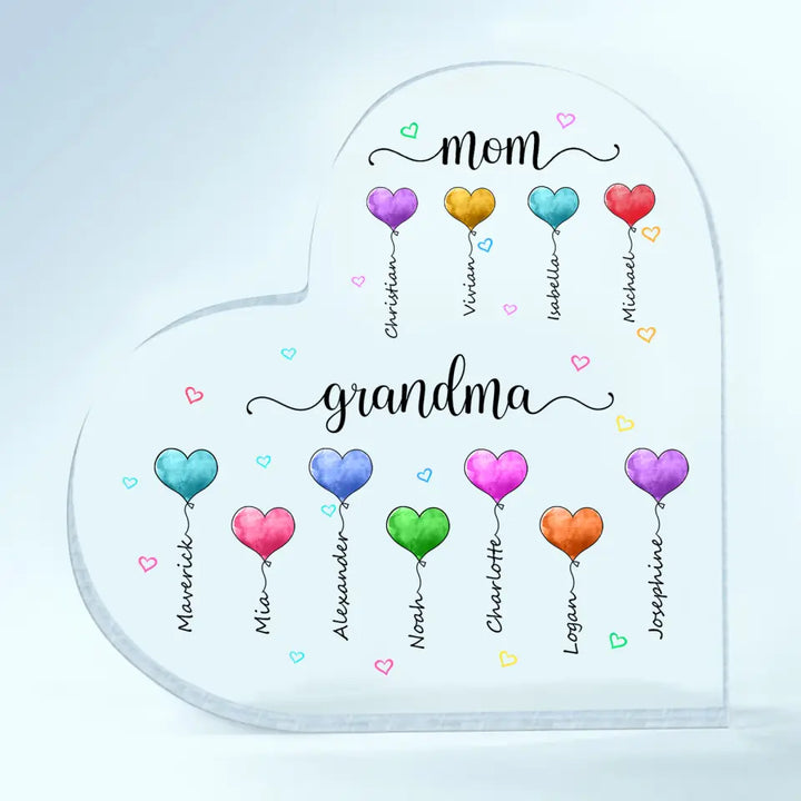 Personalized Heart-shaped Acrylic Plaque - Mother's Day, Birthday Gift For Mom, Grandma - Mom Grandma Heart Balloons ARND0018
