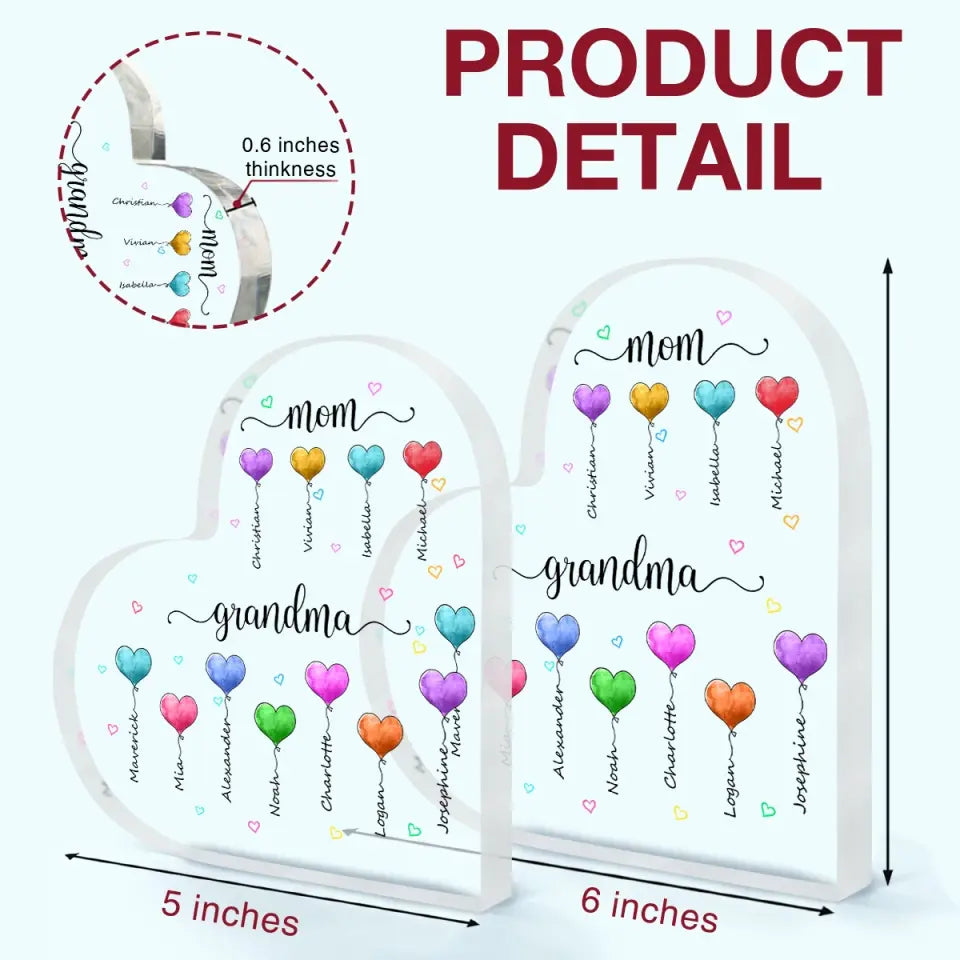 Personalized Heart-shaped Acrylic Plaque - Mother's Day, Birthday Gift For Mom, Grandma - Mom Grandma Heart Balloons ARND0018