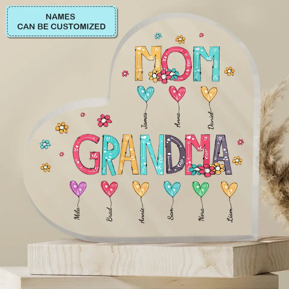 Personalized Heart-shaped Acrylic Plaque - Mother's Day, Birthday Gift For Mom, Grandma - Mom Grandma Heart Balloons ARND0014