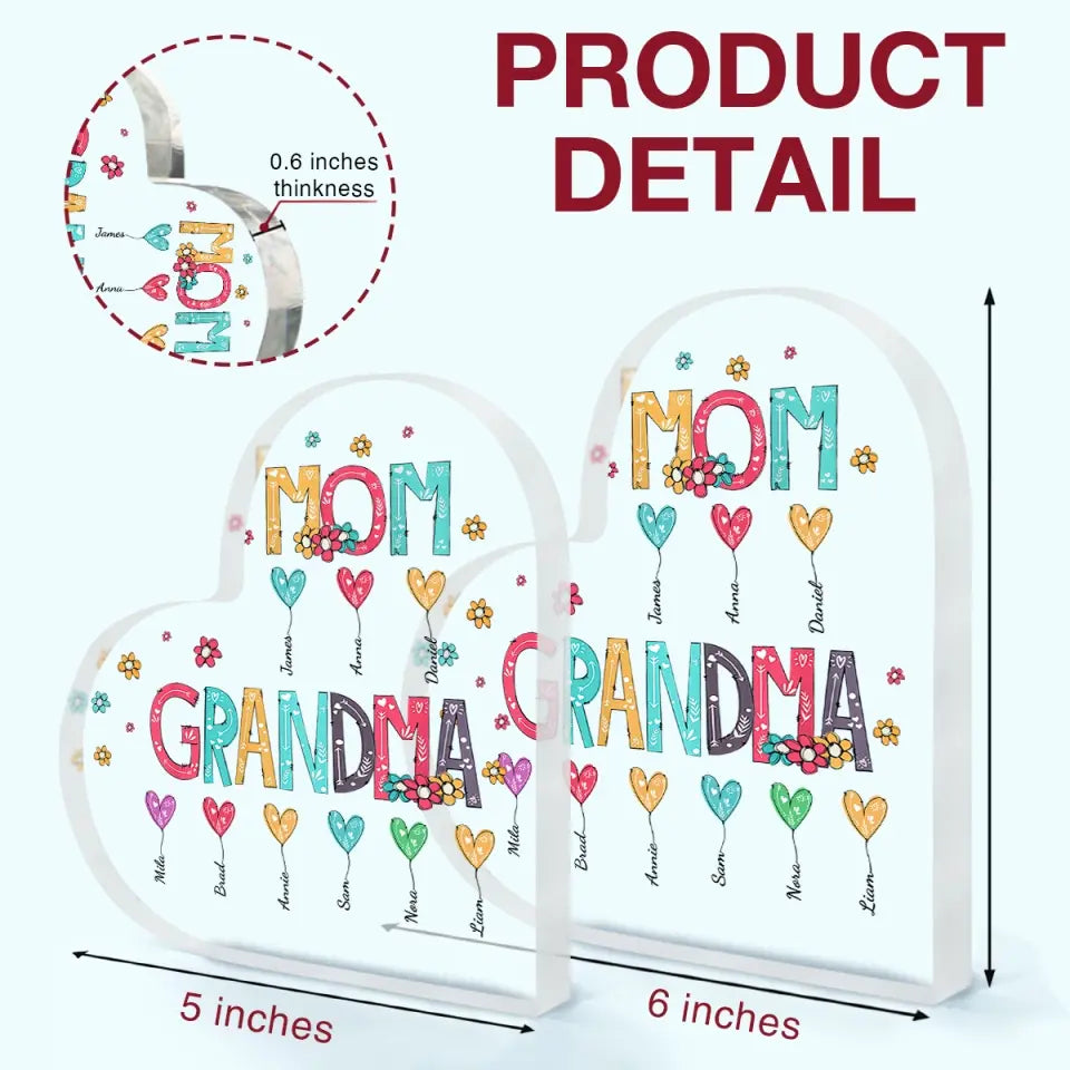 Personalized Heart-shaped Acrylic Plaque - Mother's Day, Birthday Gift For Mom, Grandma - Mom Grandma Heart Balloons ARND0014
