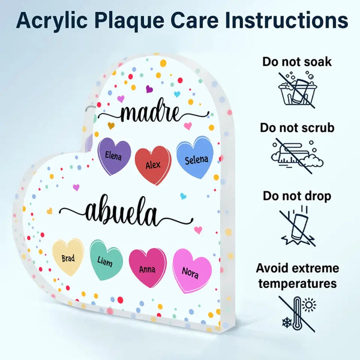 Personalized Heart-shaped Acrylic Plaque - Mother's Day, Birthday Gift For Mom, Grandma - Madre Abuela Hearts ARND018