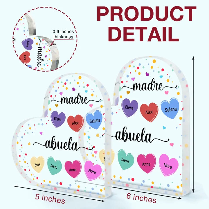 Personalized Heart-shaped Acrylic Plaque - Mother's Day, Birthday Gift For Mom, Grandma - Madre Abuela Hearts ARND018
