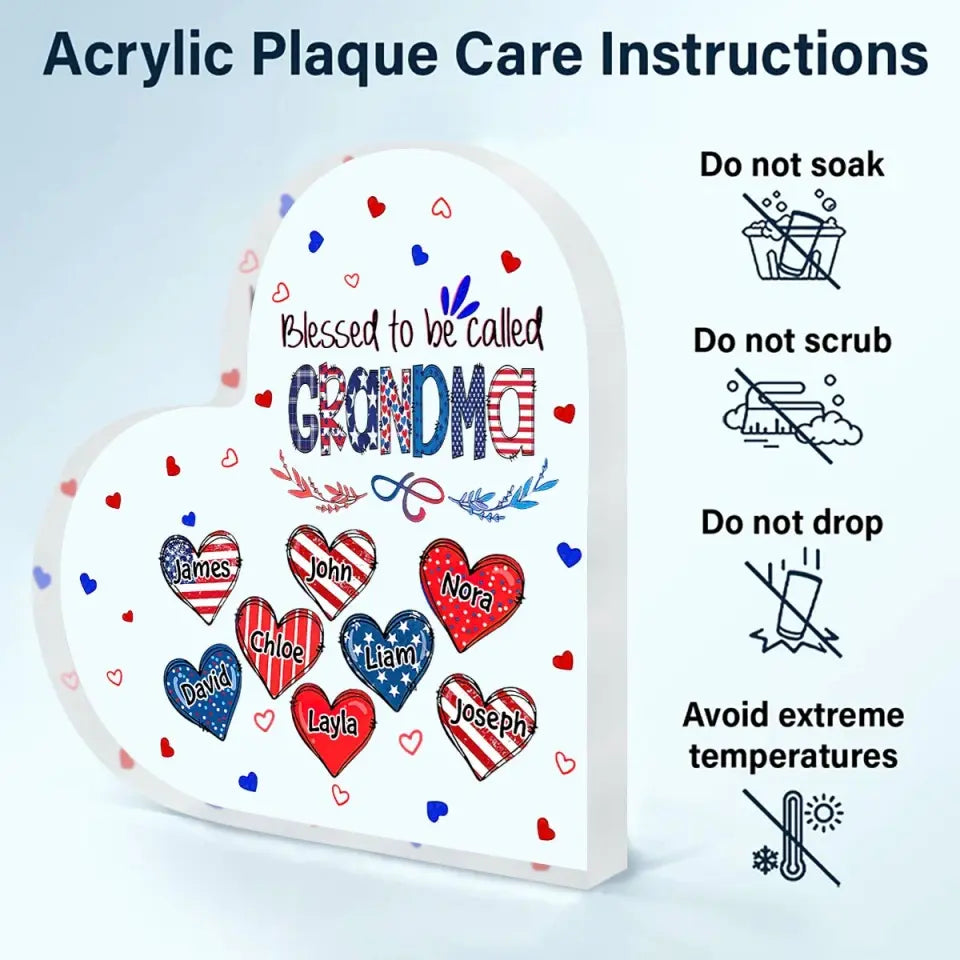 Personalized Heart-shaped Acrylic Plaque - Independence Day, Mother's Day, Birthday Gift For Mom, Grandma - Blessed To Be Called Grandma 4th Of July ARND005