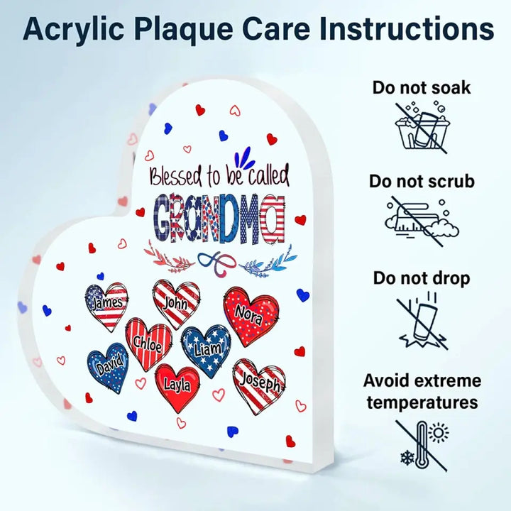 Personalized Heart-shaped Acrylic Plaque - Independence Day, Mother's Day, Birthday Gift For Mom, Grandma - Blessed To Be Called Grandma 4th Of July ARND005