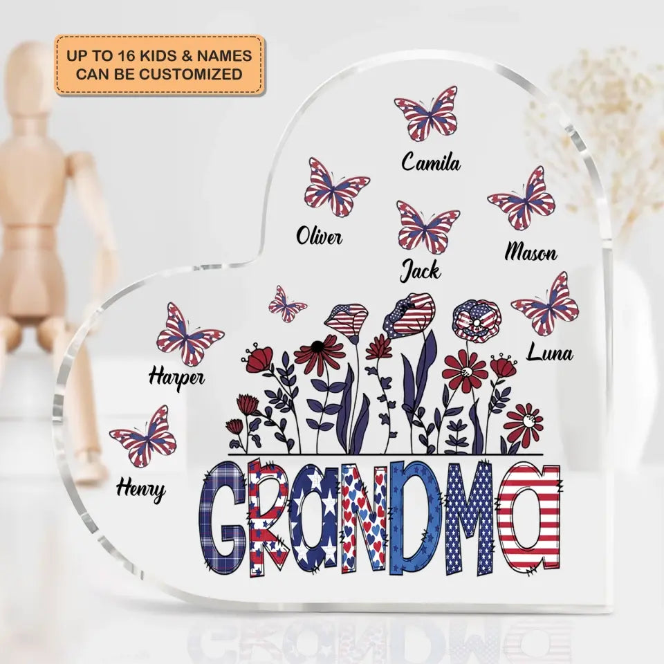 Personalized Heart-shaped Acrylic Plaque - Independence Day, Mother's Day, Birthday Gift For Mom, Grandma - Grandma Flower 4th Of July ARND0014