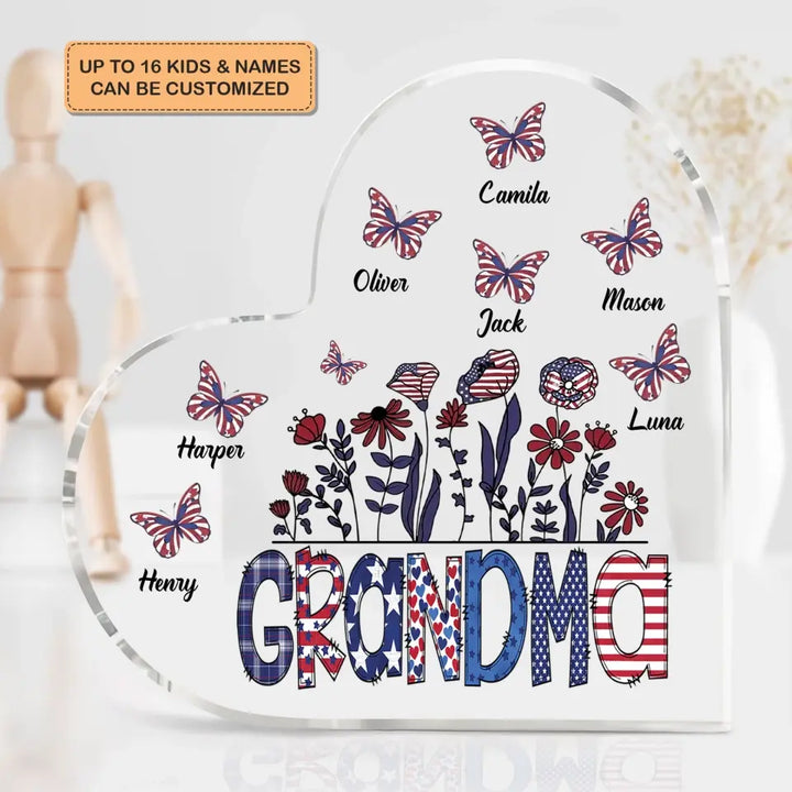 Personalized Heart-shaped Acrylic Plaque - Independence Day, Mother's Day, Birthday Gift For Mom, Grandma - Grandma Flower 4th Of July ARND0014
