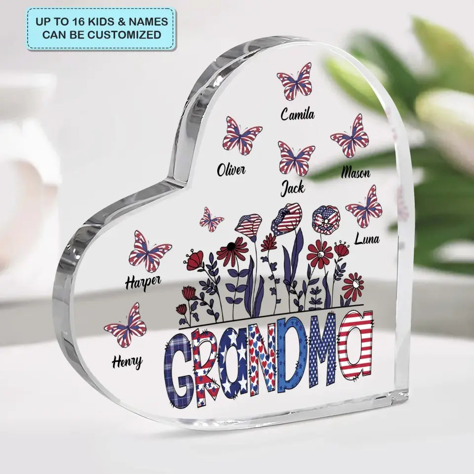 Personalized Heart-shaped Acrylic Plaque - Independence Day, Mother's Day, Birthday Gift For Mom, Grandma - Grandma Flower 4th Of July ARND0014