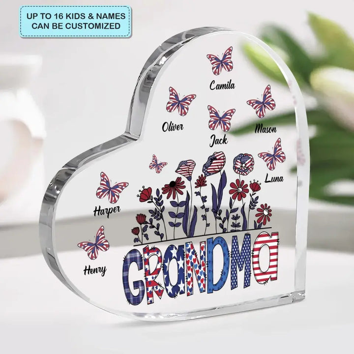Personalized Heart-shaped Acrylic Plaque - Independence Day, Mother's Day, Birthday Gift For Mom, Grandma - Grandma Flower 4th Of July ARND0014