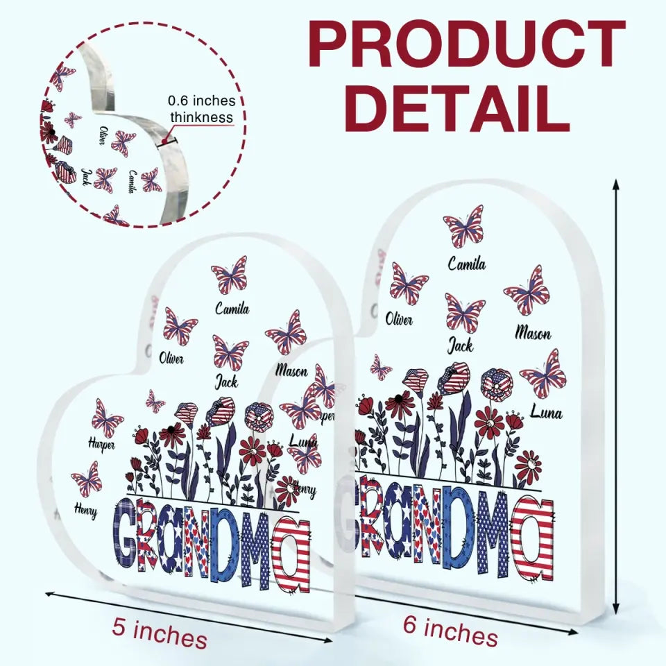 Personalized Heart-shaped Acrylic Plaque - Independence Day, Mother's Day, Birthday Gift For Mom, Grandma - Grandma Flower 4th Of July ARND0014