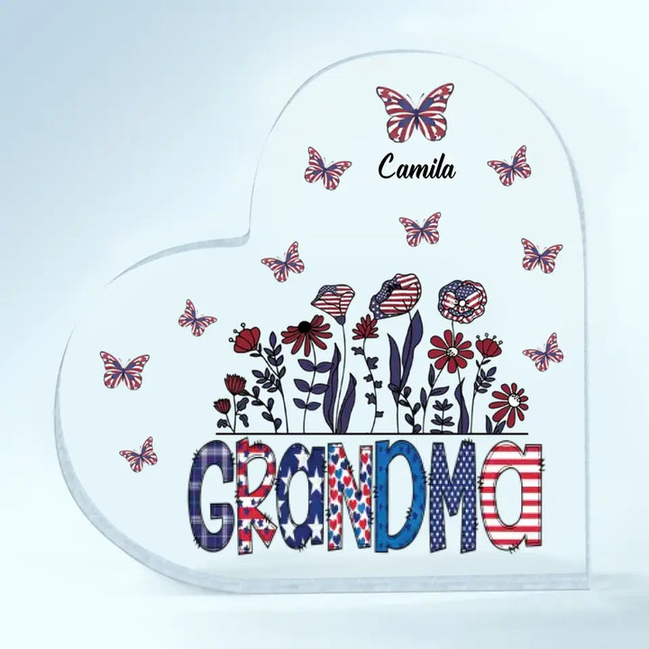 Personalized Heart-shaped Acrylic Plaque - Independence Day, Mother's Day, Birthday Gift For Mom, Grandma - Grandma Flower 4th Of July ARND0014
