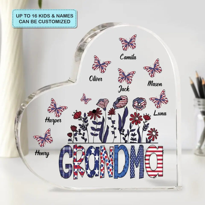 Personalized Heart-shaped Acrylic Plaque - Independence Day, Mother's Day, Birthday Gift For Mom, Grandma - Grandma Flower 4th Of July ARND0014