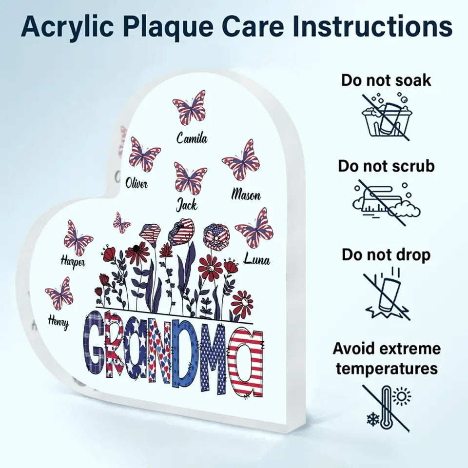 Personalized Heart-shaped Acrylic Plaque - Independence Day, Mother's Day, Birthday Gift For Mom, Grandma - Grandma Flower 4th Of July ARND0014
