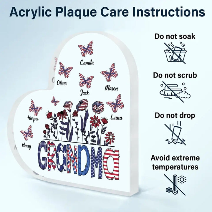 Personalized Heart-shaped Acrylic Plaque - Independence Day, Mother's Day, Birthday Gift For Mom, Grandma - Grandma Flower 4th Of July ARND0014