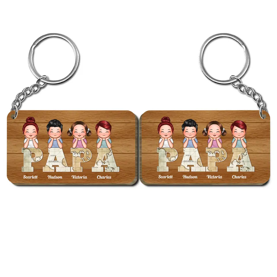 Personalized Wooden Keychain - Father's Day, Birthday Gift For Dad, Grandpa - Vintage Map Papa ARND018