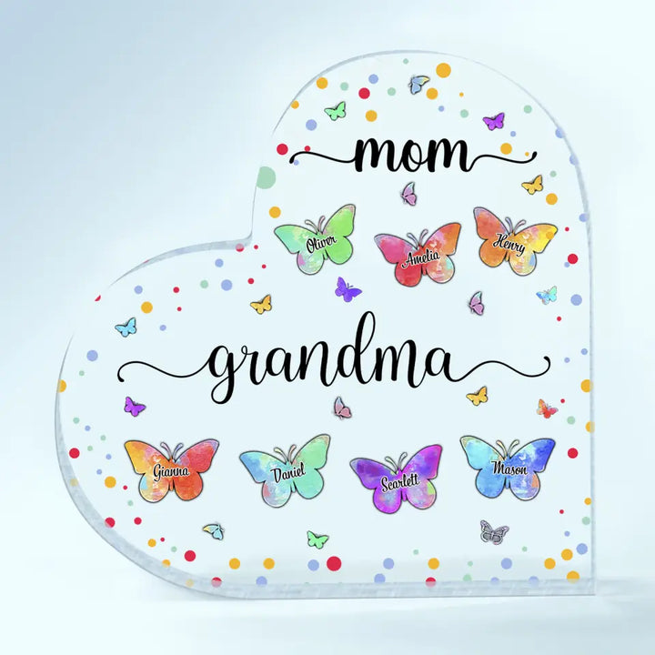 Personalized Heart-shaped Acrylic Plaque - Mother's Day, Birthday Gift For Mom, Grandma - Mom Grandma Butterfly