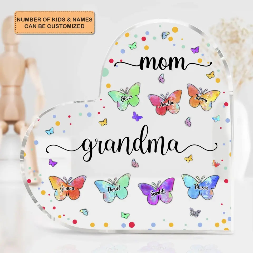 Personalized Heart-shaped Acrylic Plaque - Mother's Day, Birthday Gift For Mom, Grandma - Mom Grandma Butterfly