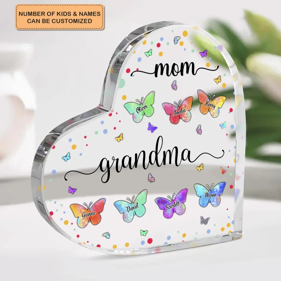 Personalized Heart-shaped Acrylic Plaque - Mother's Day, Birthday Gift For Mom, Grandma - Mom Grandma Butterfly